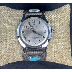 Navajo Turquoise Sterling Silver Watch Bracelet Sovereign Swiss 17 Jewel Vintage